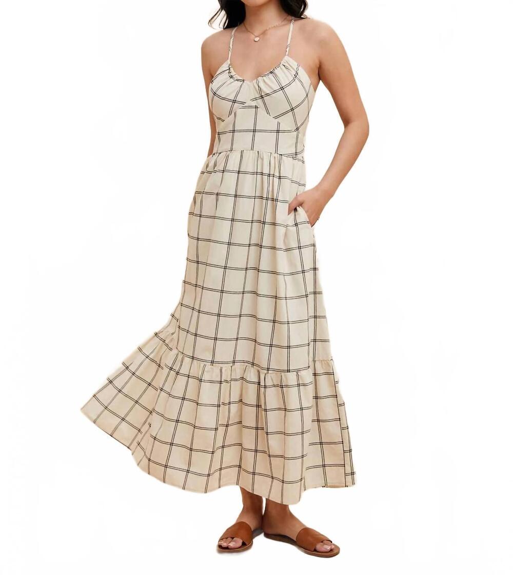 NEW IN-LOOM grid-print cotton maxi dress in cream